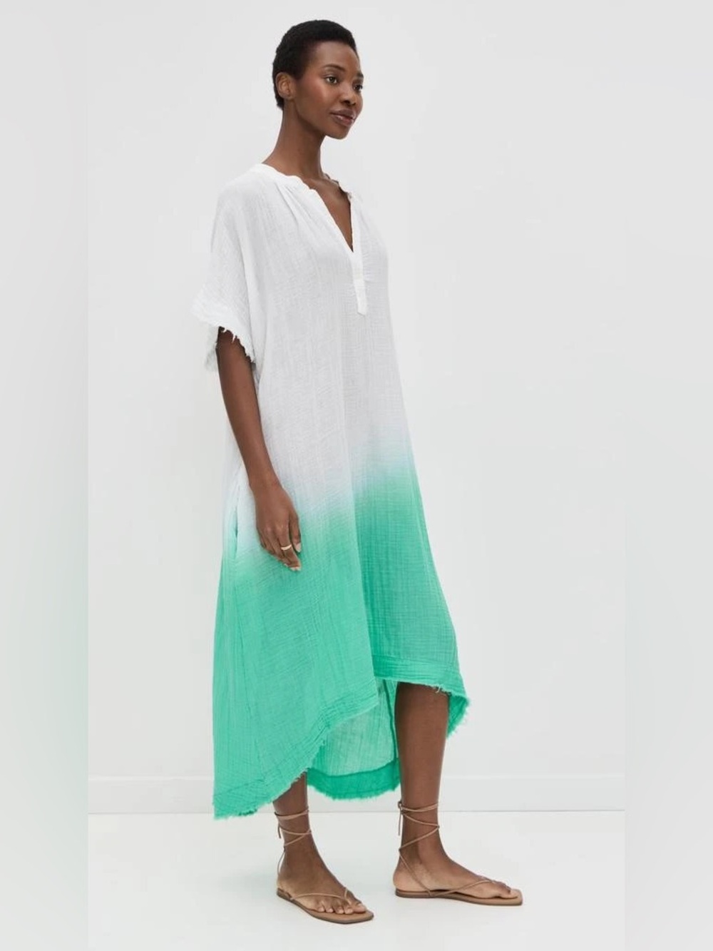 Anthropologie 9seed Tunisia White to Mint Green Ombre Caftan Cover-Up Dress